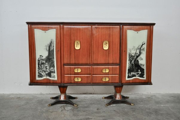 Mahogany Pear Tree, Brass & Glass Top Drawers Sideboard with Allegorical Drawings & Internal Lightning from F.lli Rigamonti Desio, Milano, 1940s-KNM-701987