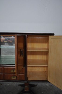 Mahogany Pear Tree, Brass & Glass Top Drawers Sideboard with Allegorical Drawings & Internal Lightning from F.lli Rigamonti Desio, Milano, 1940s-KNM-701987