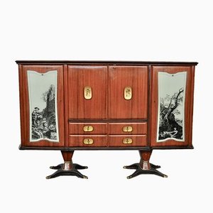 Mahogany Pear Tree, Brass & Glass Top Drawers Sideboard with Allegorical Drawings & Internal Lightning from F.lli Rigamonti Desio, Milano, 1940s-KNM-701987