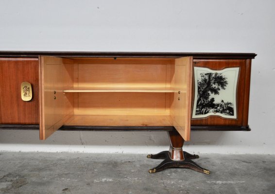 Mahogany, Pearwood, Brass & Marbled Back-Lacquered Glass Top Sideboard with Mirror from F.lli Rigamonti Desio, Milano, 1940s-KNM-701991