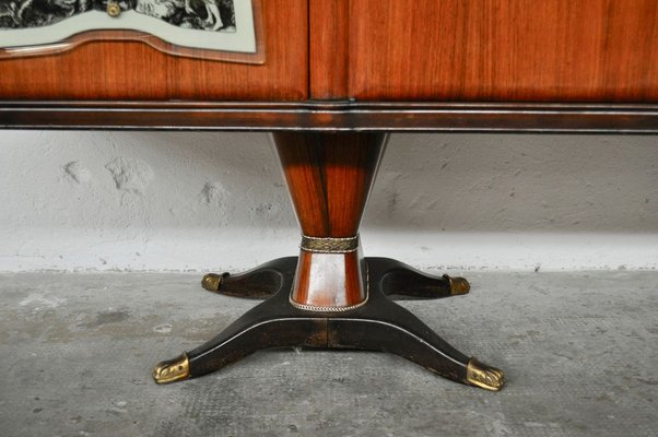 Mahogany, Pearwood, Brass & Marbled Back-Lacquered Glass Top Sideboard with Mirror from F.lli Rigamonti Desio, Milano, 1940s-KNM-701991