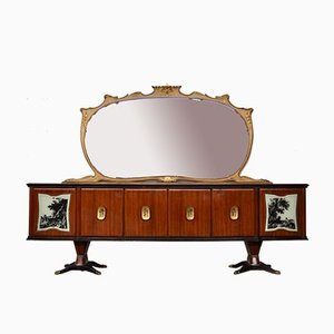 Mahogany, Pearwood, Brass & Marbled Back-Lacquered Glass Top Sideboard with Mirror from F.lli Rigamonti Desio, Milano, 1940s-KNM-701991