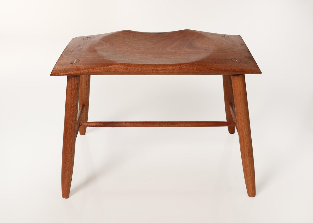 Mahogany Turned and Carved Rectangular Stool by Michael Rozell