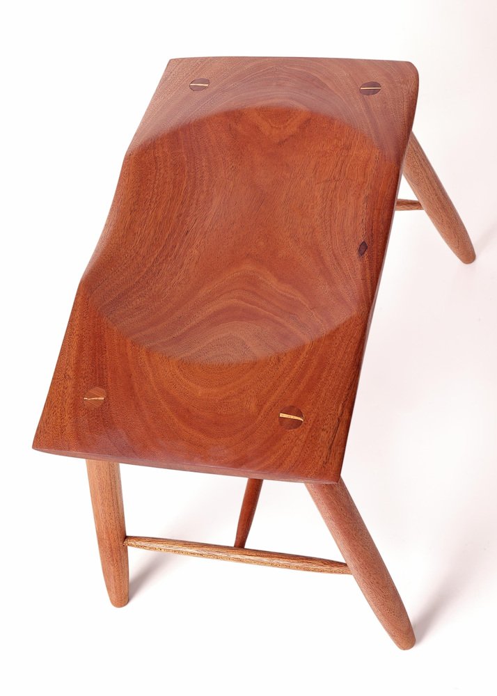 Mahogany Turned and Carved Rectangular Stool by Michael Rozell