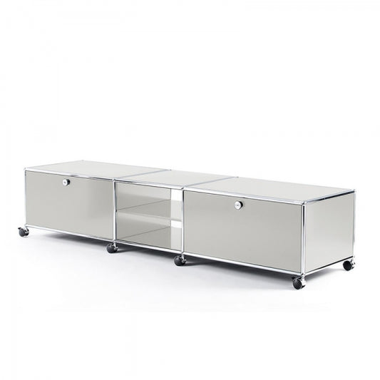 3x1 Modular Metal Sideboard with 2 bottom doors & 2 middle pannels & 1 middle divider shelf & wheels [W(750+500+750)XD350XH350] by Usm #Light Gray [RAL 7035]