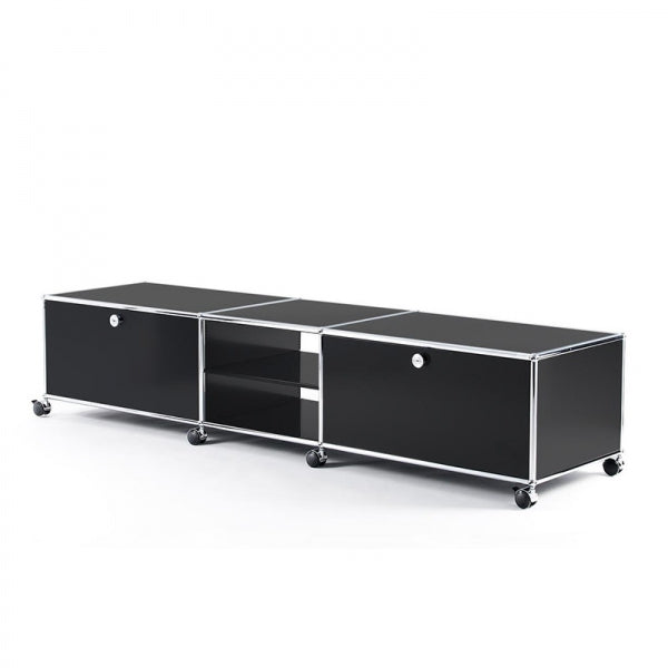 3x1 Modular Metal Sideboard with 2 bottom doors & 2 middle pannels & 1 middle divider shelf & wheels [W(750+500+750)XD350XH350] by Usm #Graphite Black [RAL 9011]