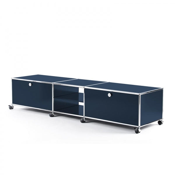 3x1 Modular Metal Sideboard with 2 bottom doors & 2 middle pannels & 1 middle divider shelf & wheels [W(750+500+750)XD350XH350] by Usm #Steel Blue [RAL 5011]