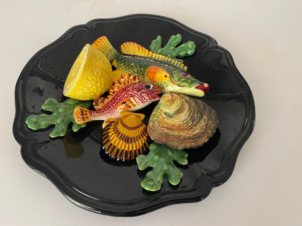 Majolica Fish Ornamental Plate Salins in Black, Yellow and Red, 1960s