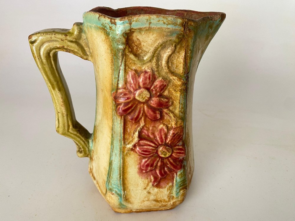 Majolica Pitcher in Red and Beige Colors, France, 1890s