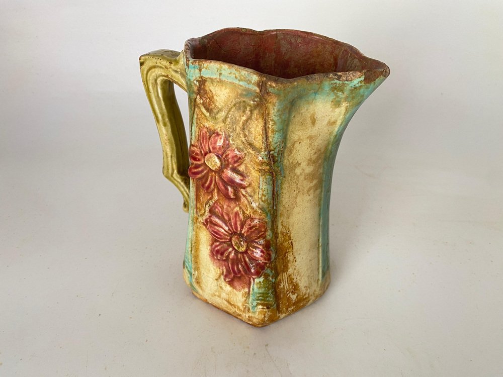 Majolica Pitcher in Red and Beige Colors, France, 1890s