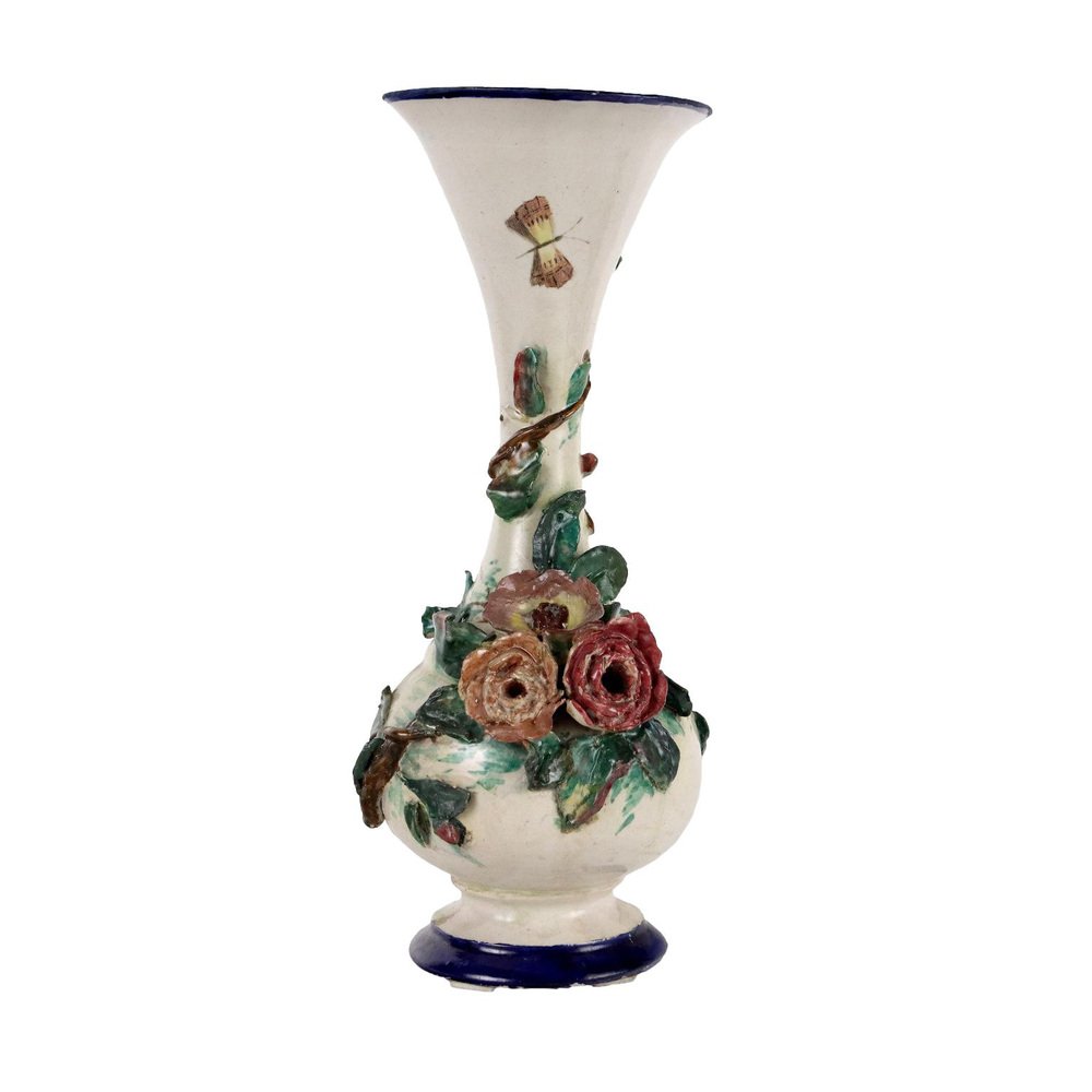 Majolica Vase with Flowers in Relief, Naples