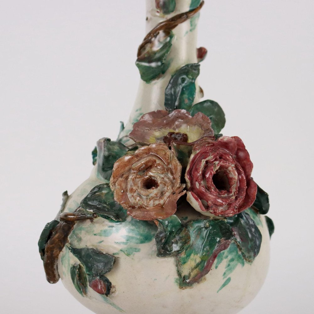 Majolica Vase with Flowers in Relief, Naples