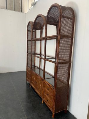 Malacca Rattan & Crystal Bookcase from Vivai del Sud, 1970s-IJR-1047877