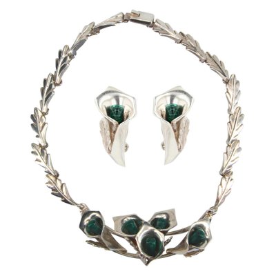 Malachite Sterling Silver Necklace & Earrings, 1970s, Set of 3-OLU-1157480