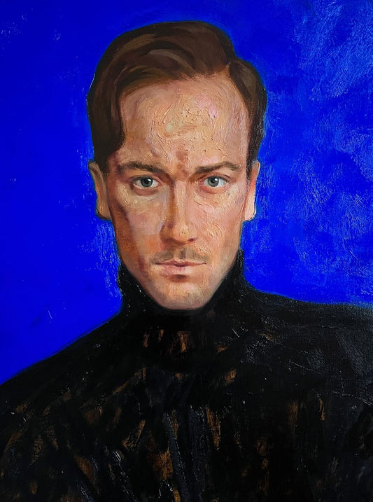 Male Portrait with Hands on Ultramarine Blue Background, Oil Painting, 2000s