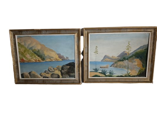 Mallorca Beaches Landscape Paintings, Oil on Board, Framed, Set of 2-ZVO-1312183