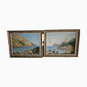 Mallorca Beaches Landscape Paintings, Oil on Board, Framed, Set of 2-ZVO-1312183