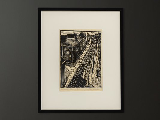 Manfred Beelke, Potsdamer Strasse Elevated Railroad, Black and White Linocut on Paper, Framed-GPP-1079900