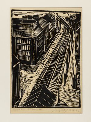 Manfred Beelke, Potsdamer Strasse Elevated Railroad, Black and White Linocut on Paper, Framed-GPP-1079900