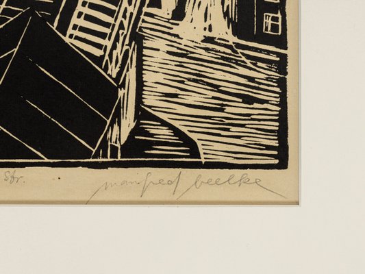 Manfred Beelke, Potsdamer Strasse Elevated Railroad, Black and White Linocut on Paper, Framed-GPP-1079900