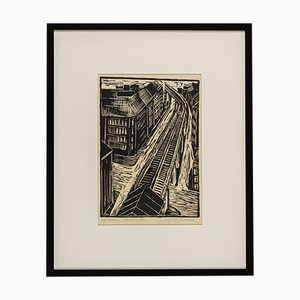 Manfred Beelke, Potsdamer Strasse Elevated Railroad, Black and White Linocut on Paper, Framed-GPP-1079900