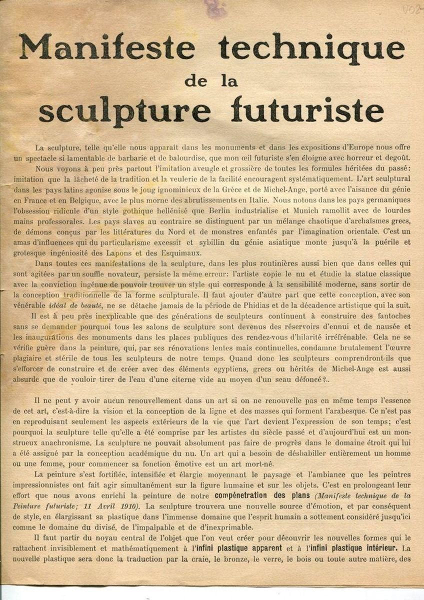 Manifeste Technique de la Sculpture Futuriste - Original Manifesto - 1912 1912