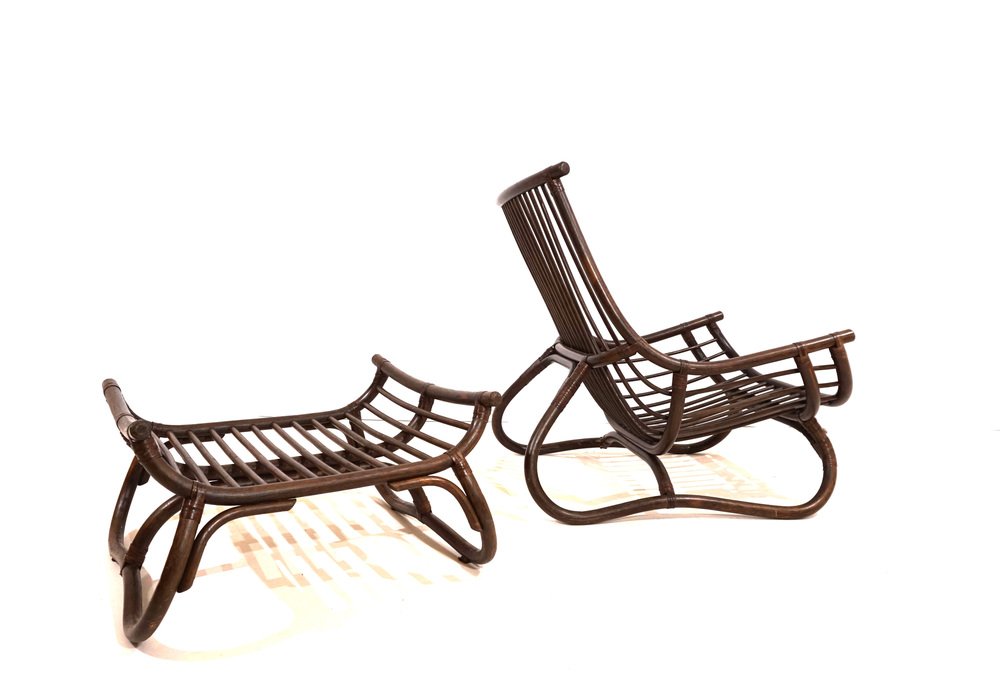 Manou Rattan Pagoda Lounge Chair with Ottoman, 1970s, Set of 2