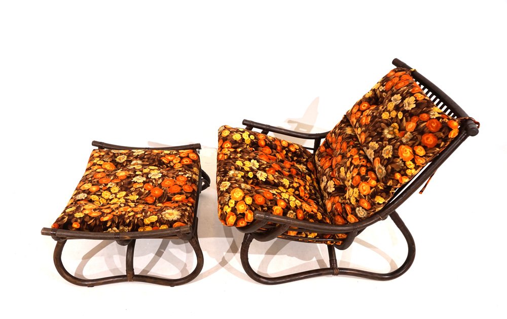 Manou Rattan Pagoda Lounge Chair with Ottoman, 1970s, Set of 2