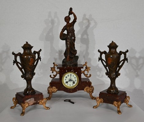 Mantel Clock Set in Regula and Griotte Marble, 1920, Set of 3-RVK-1422654