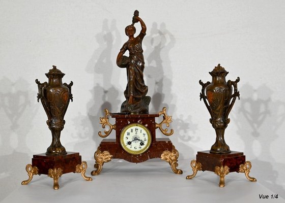 Mantel Clock Set in Regula and Griotte Marble, 1920, Set of 3-RVK-1422654