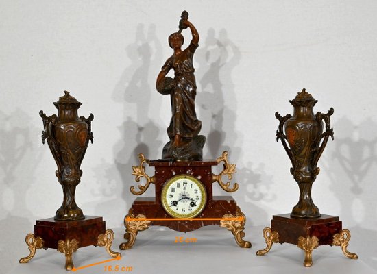 Mantel Clock Set in Regula and Griotte Marble, 1920, Set of 3-RVK-1422654