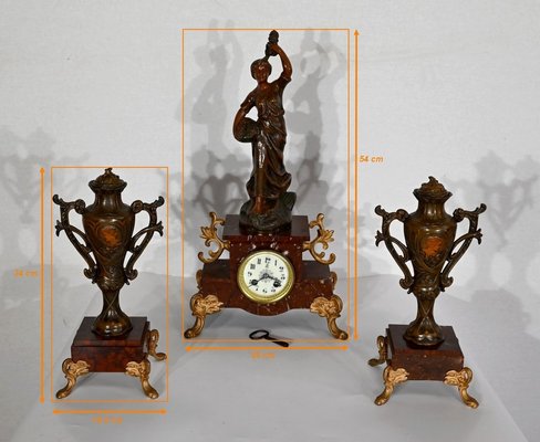 Mantel Clock Set in Regula and Griotte Marble, 1920, Set of 3-RVK-1422654