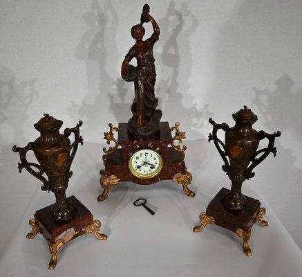 Mantel Clock Set in Regula and Griotte Marble, 1920, Set of 3-RVK-1422654