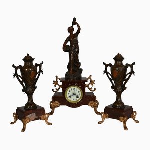 Mantel Clock Set in Regula and Griotte Marble, 1920, Set of 3-RVK-1422654