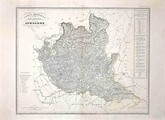 Map of Lombardy, Original Etching, 19th Century