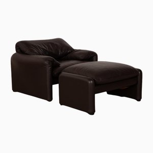 Maralunga Leather Armchair Set in Dark Brown from Cassina, Set of 2-RQW-2036343