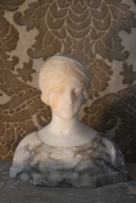 Marble and Alabaster Bust of Young Woman in Turban, 1890s-AXR-1721794