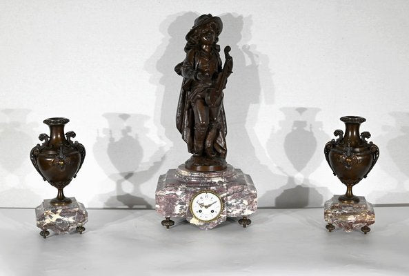 Marble and Bronze Chimney Decorative, End of 19th Century, Set of 3-RVK-1395652