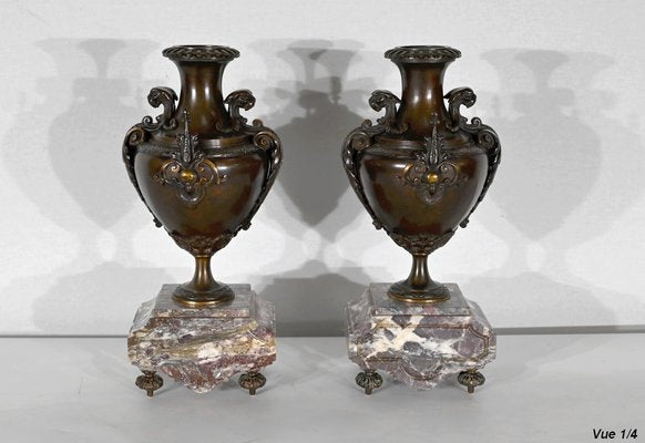 Marble and Bronze Chimney Decorative, End of 19th Century, Set of 3-RVK-1395652