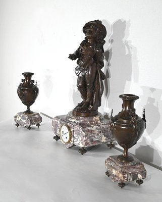 Marble and Bronze Chimney Decorative, End of 19th Century, Set of 3-RVK-1395652