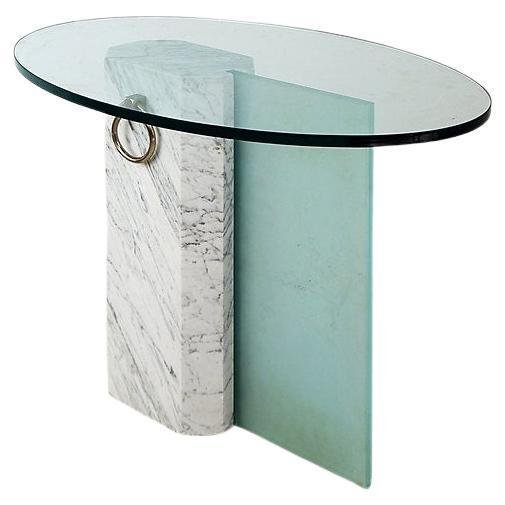 Marble and Sandblasted Glass Side Table with Oval Glass Top, 1980s