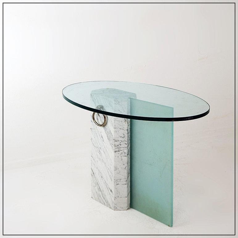 Marble and Sandblasted Glass Side Table with Oval Glass Top, 1980s