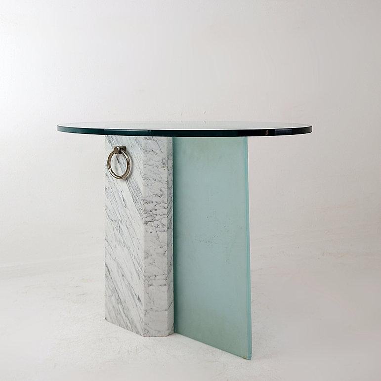 Marble and Sandblasted Glass Side Table with Oval Glass Top, 1980s