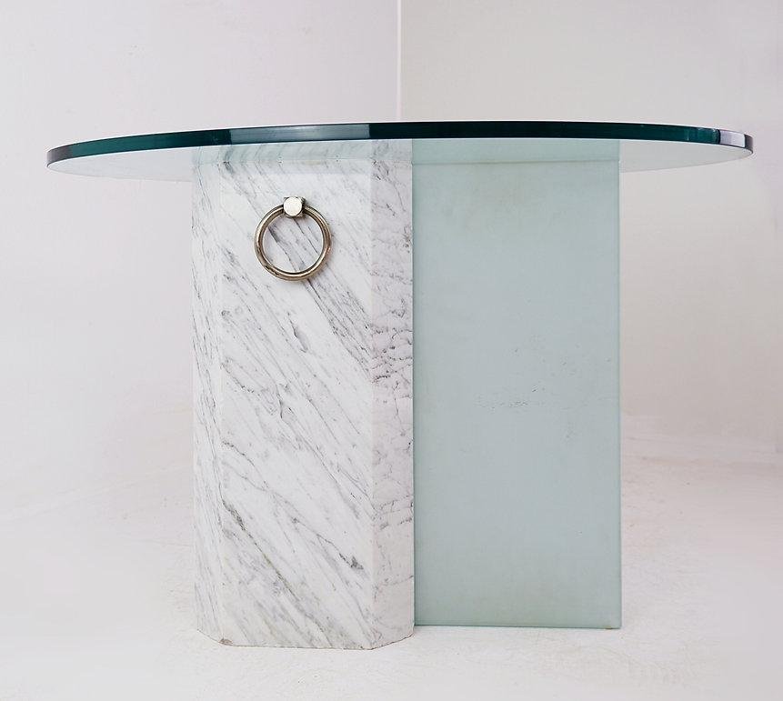 Marble and Sandblasted Glass Side Table with Oval Glass Top, 1980s