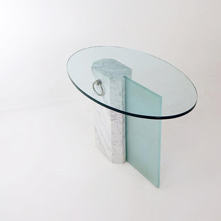 Marble and Sandblasted Glass Side Table with Oval Glass Top, 1980s