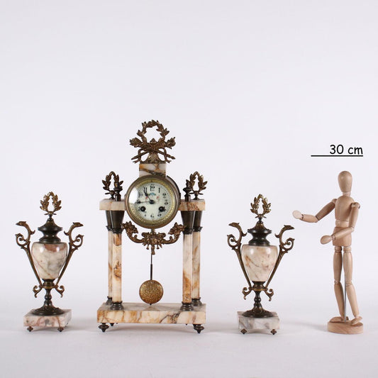 Marble & Bronze Clock with Cassolettes, Set of 3