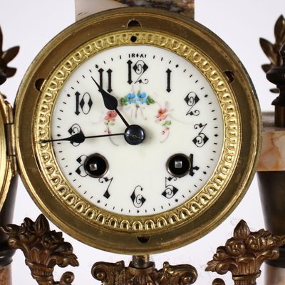 Marble & Bronze Clock with Cassolettes, Set of 3-VMM-1287223