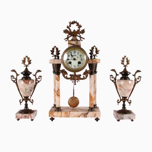 Marble & Bronze Clock with Cassolettes, Set of 3-VMM-1287223