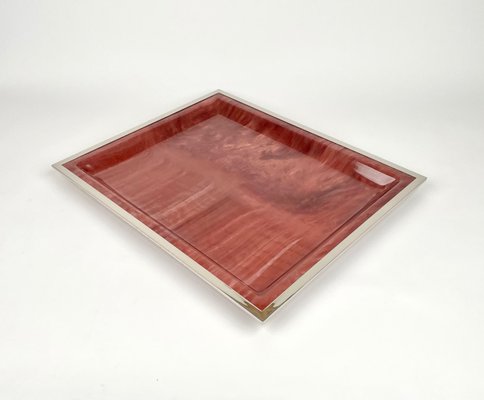 Marble Effect Acrylic & Frame Chrome Tray Centerpiece, Italy, 1970s-LYQ-1171450