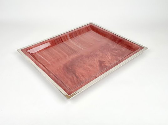 Marble Effect Acrylic & Frame Chrome Tray Centerpiece, Italy, 1970s-LYQ-1171450